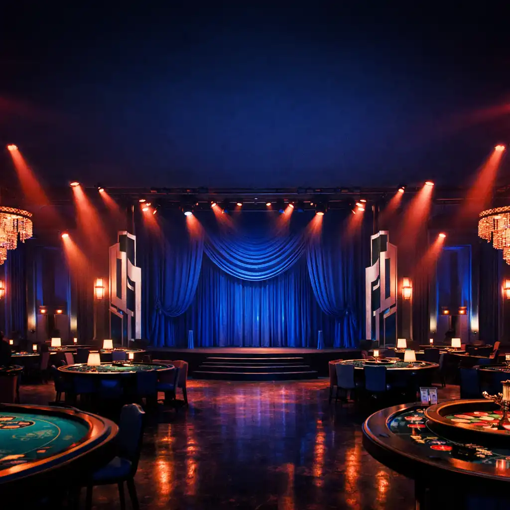 Elegancka sala eventowa w stylu art déco z kobaltowymi akcentami i koralowymi reflektorami, scena z kurtyną oraz stoły kasynowe w tle