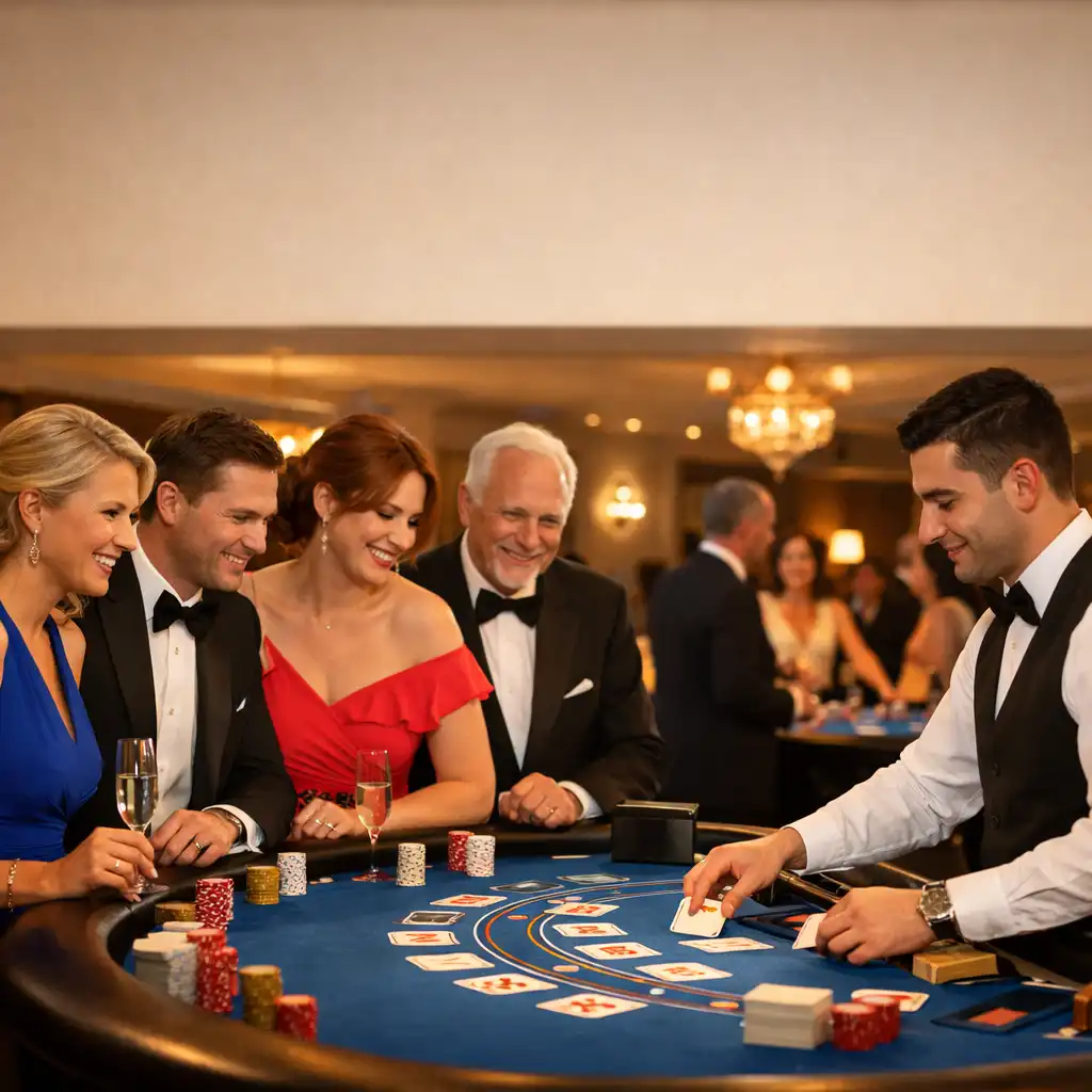 Goście w wieczorowych strojach przy stole do blackjacka podczas eleganckiego eventu