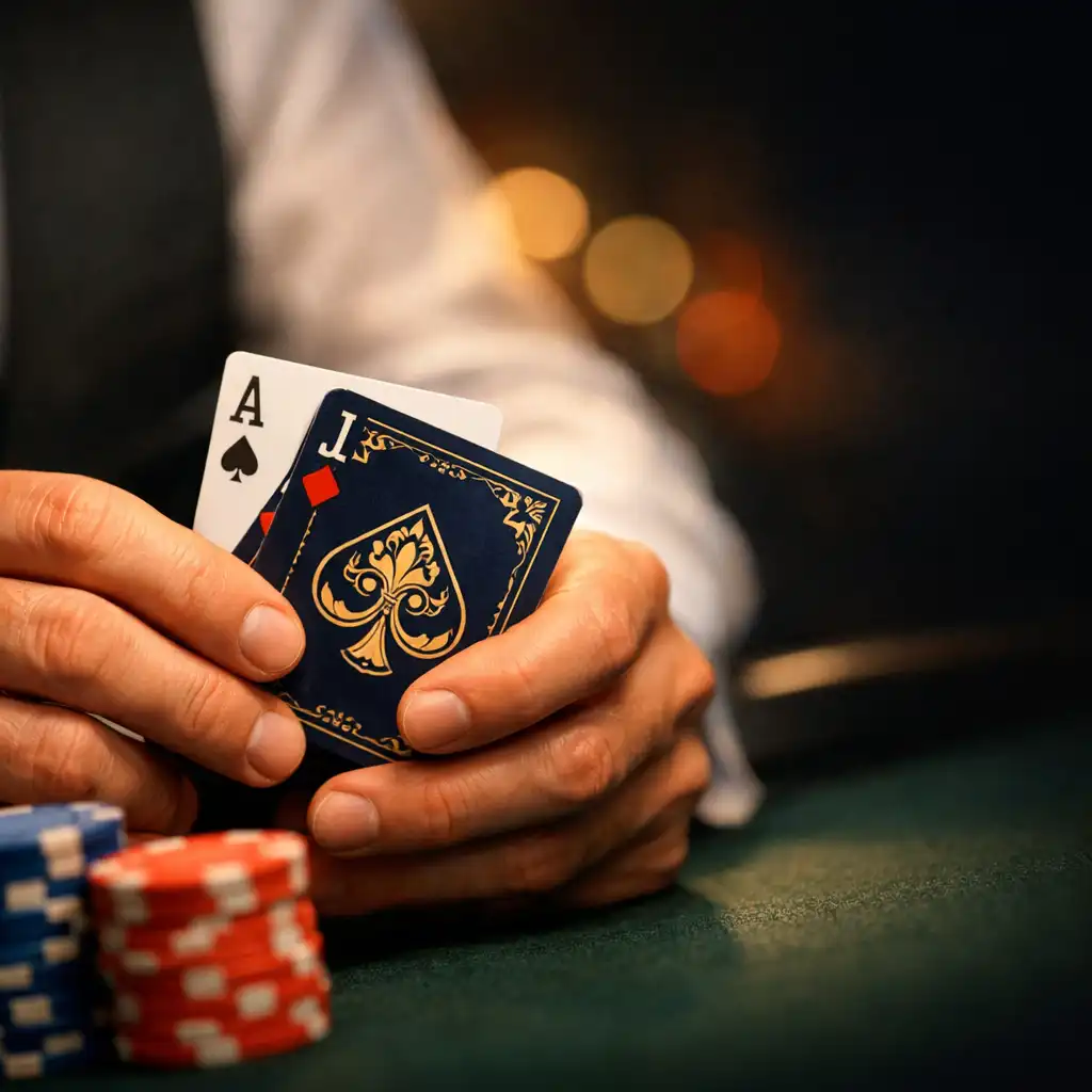 Zbliżenie na karty do blackjacka i żetony w dłoniach krupiera