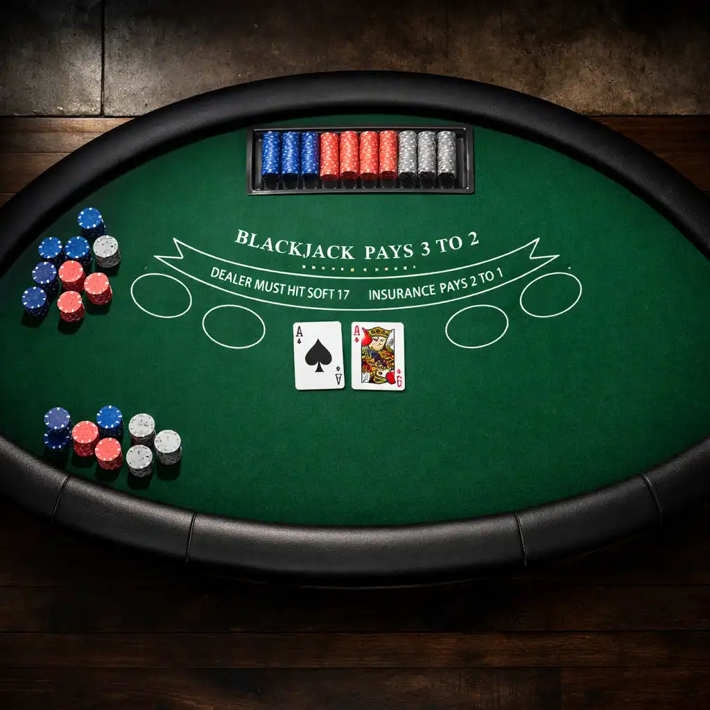 Widok z góry na profesjonalny stół do blackjacka z kartami i żetonami