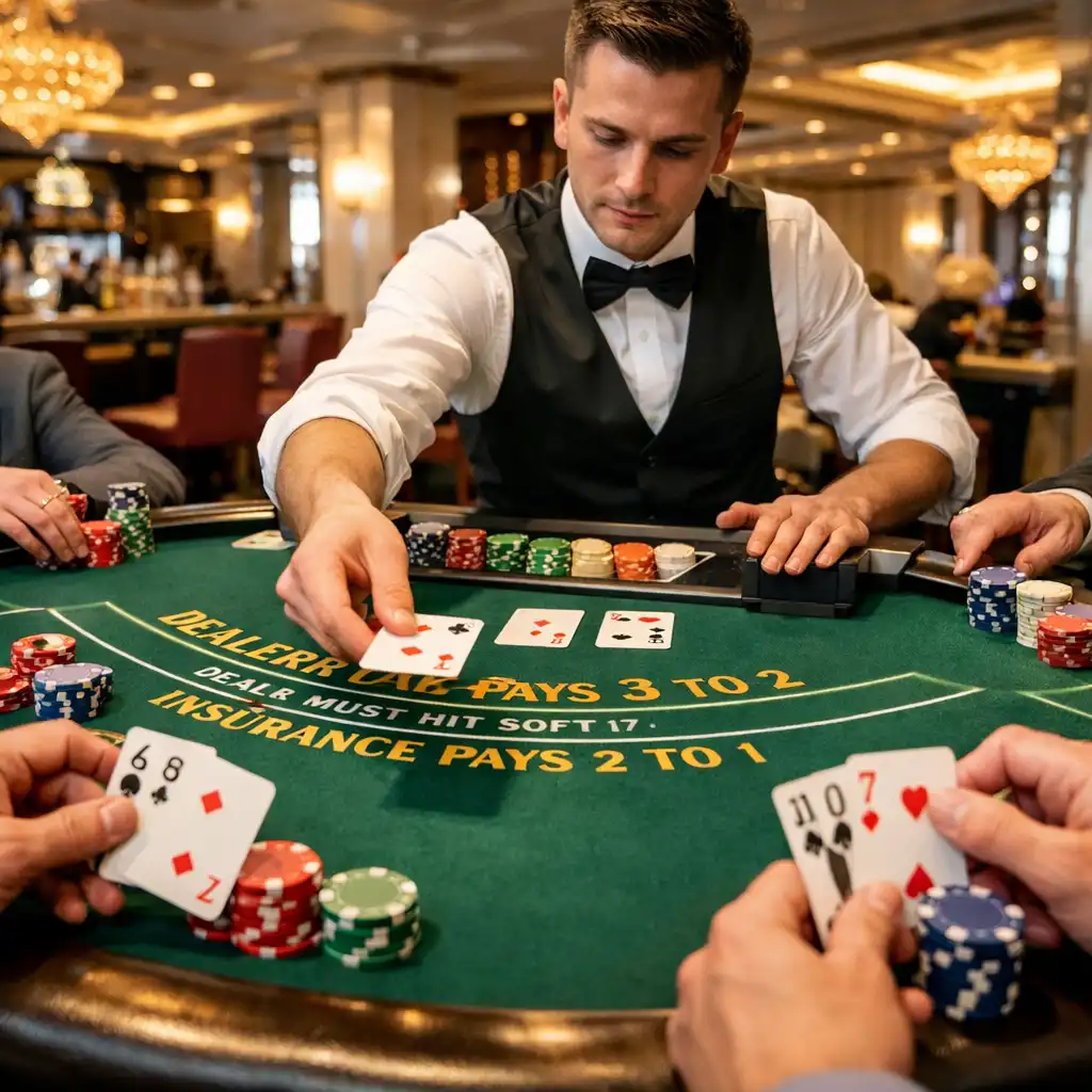 Stół do blackjacka w eleganckim kasynie z kartami i żetonami, oświetlony kobaltowym światłem