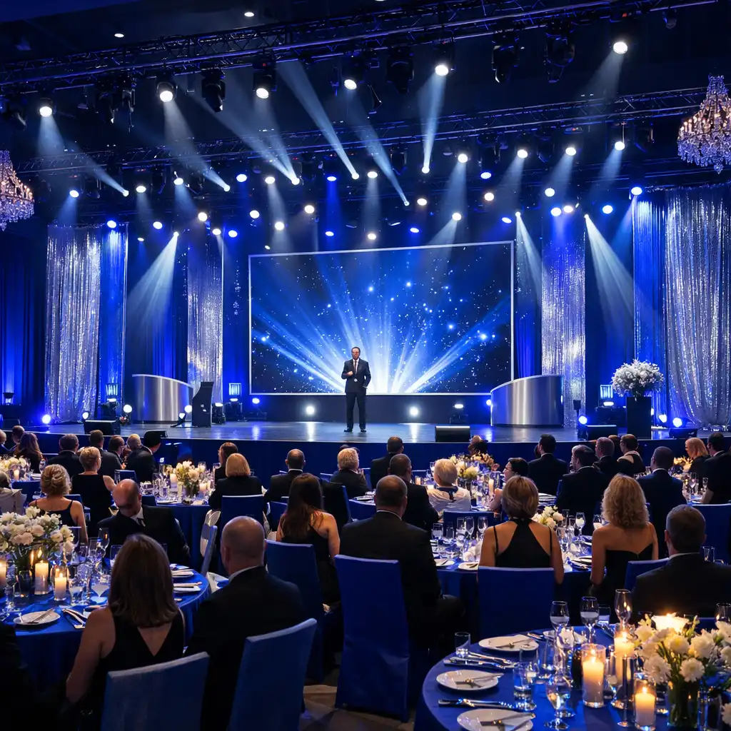 Gala firmowa w dużej sali z elegancką scenografią
