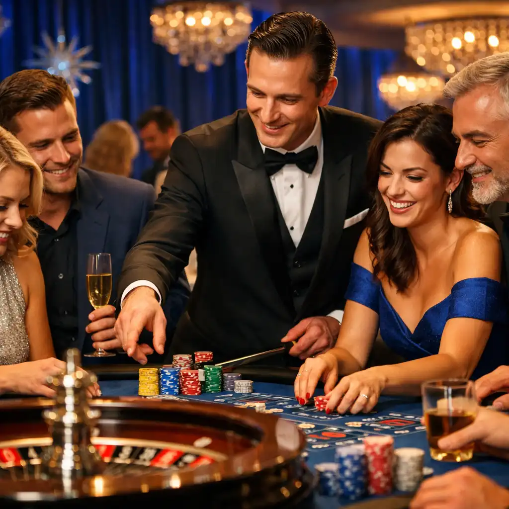 Elegancka sala bankietowa podczas gali firmowej z motywem casino night, stoły do ruletki i blackjacka