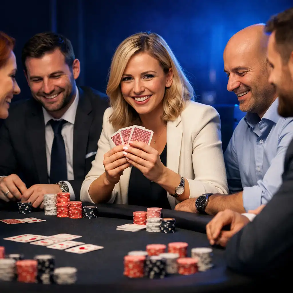 Grupa profesjonalistów przy stole pokerowym podczas integracyjnego wieczoru firmowego