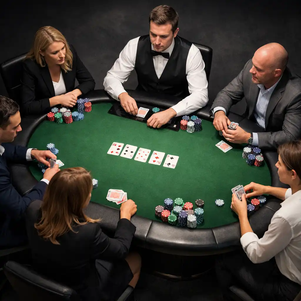 Stół pokerowy z żetonami i kartami podczas firmowego turnieju pokerowego