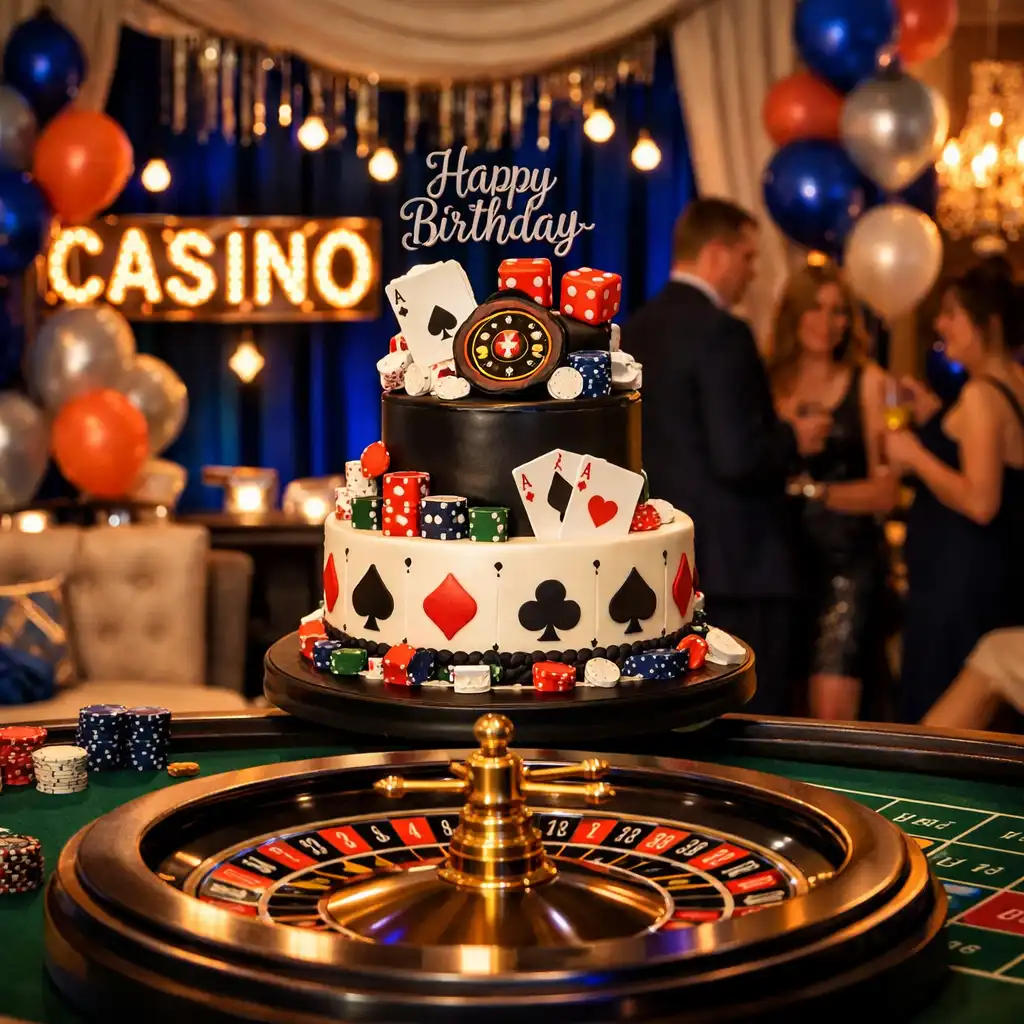 Prywatne przyjęcie urodzinowe w stylu casino night w eleganckim salonie ze stołem do ruletki