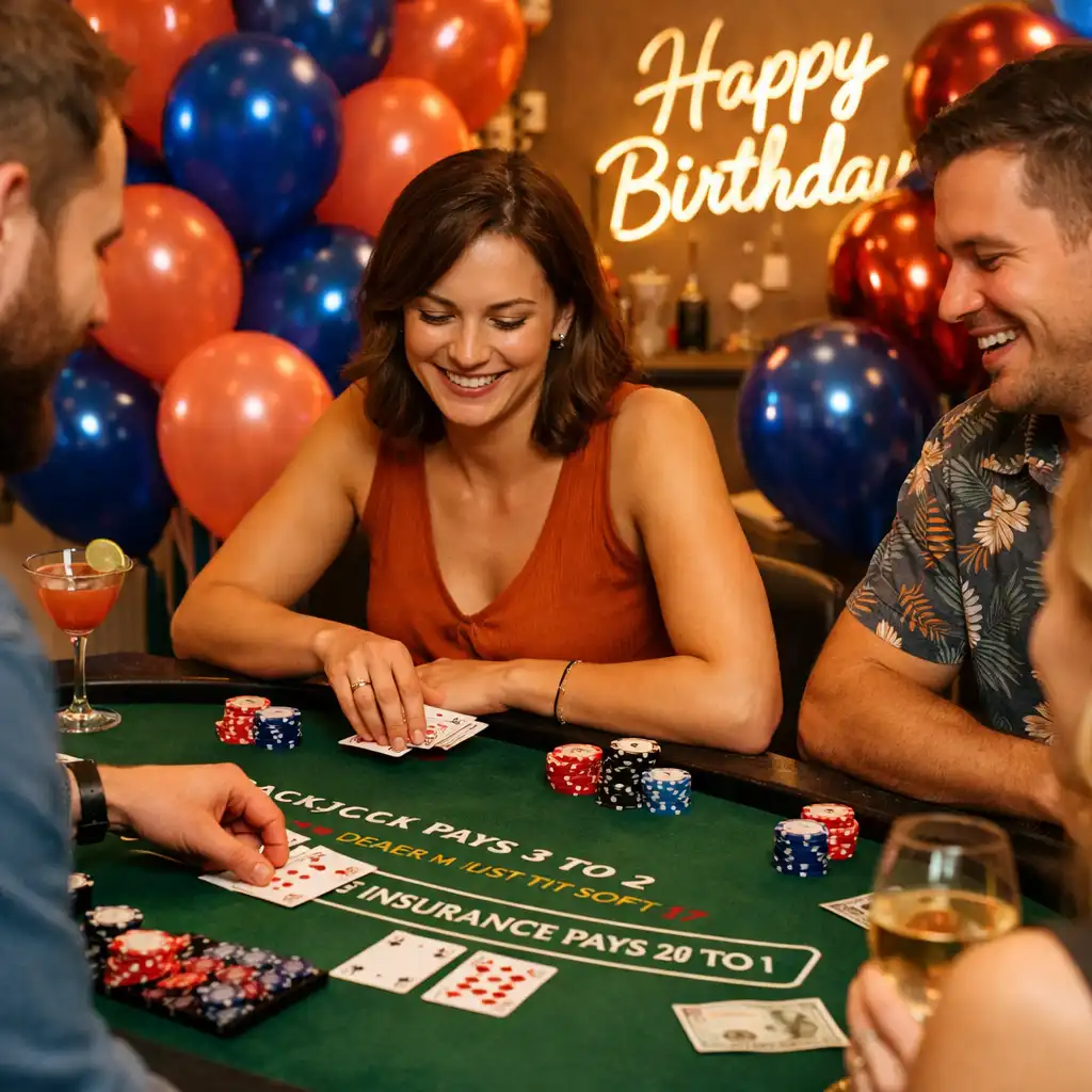 Kameralne przyjęcie urodzinowe w stylu casino z małym stołem do blackjacka i dekoracjami balonowymi