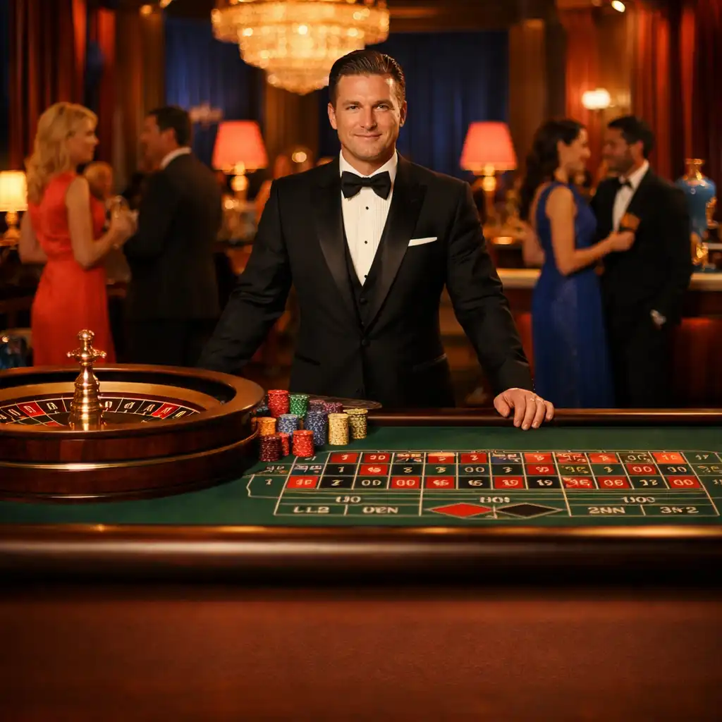 Elegancki stół do ruletki z krupierem podczas wieczoru Casino Night