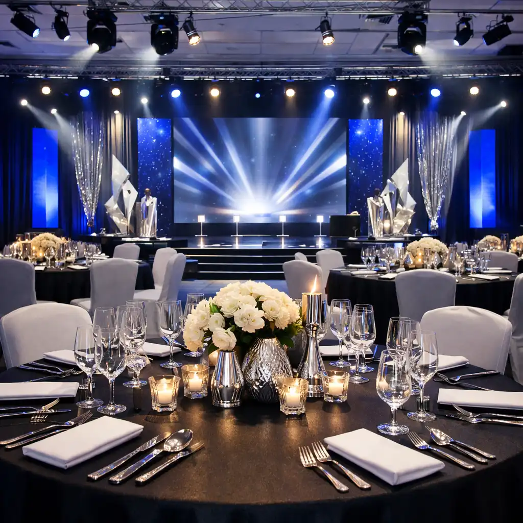 Nowoczesna sala konferencyjna z elegancką scenografią i kobaltowymi akcentami