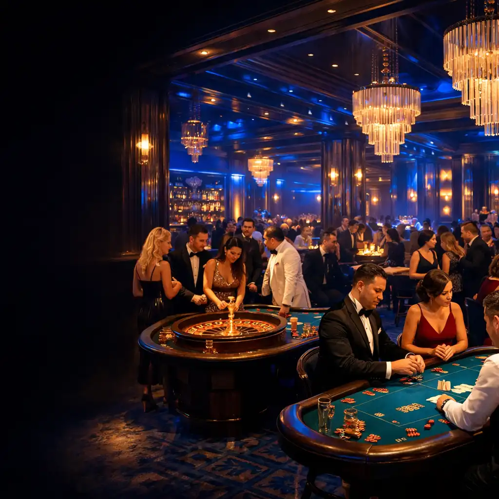 Elegancka sala eventowa z kobaltowym oświetleniem i stołami do ruletki oraz blackjacka