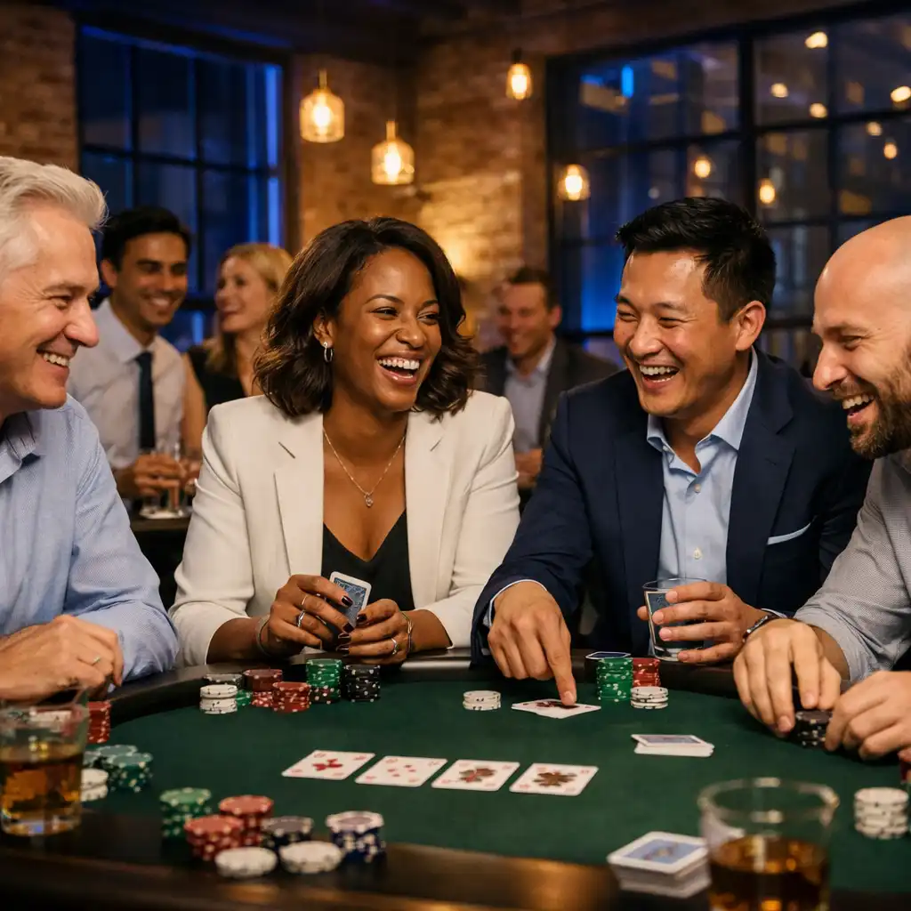 Grupa profesjonalistów grających w Texas Hold’em podczas firmowego eventu pokerowego w nowoczesnym lofcie