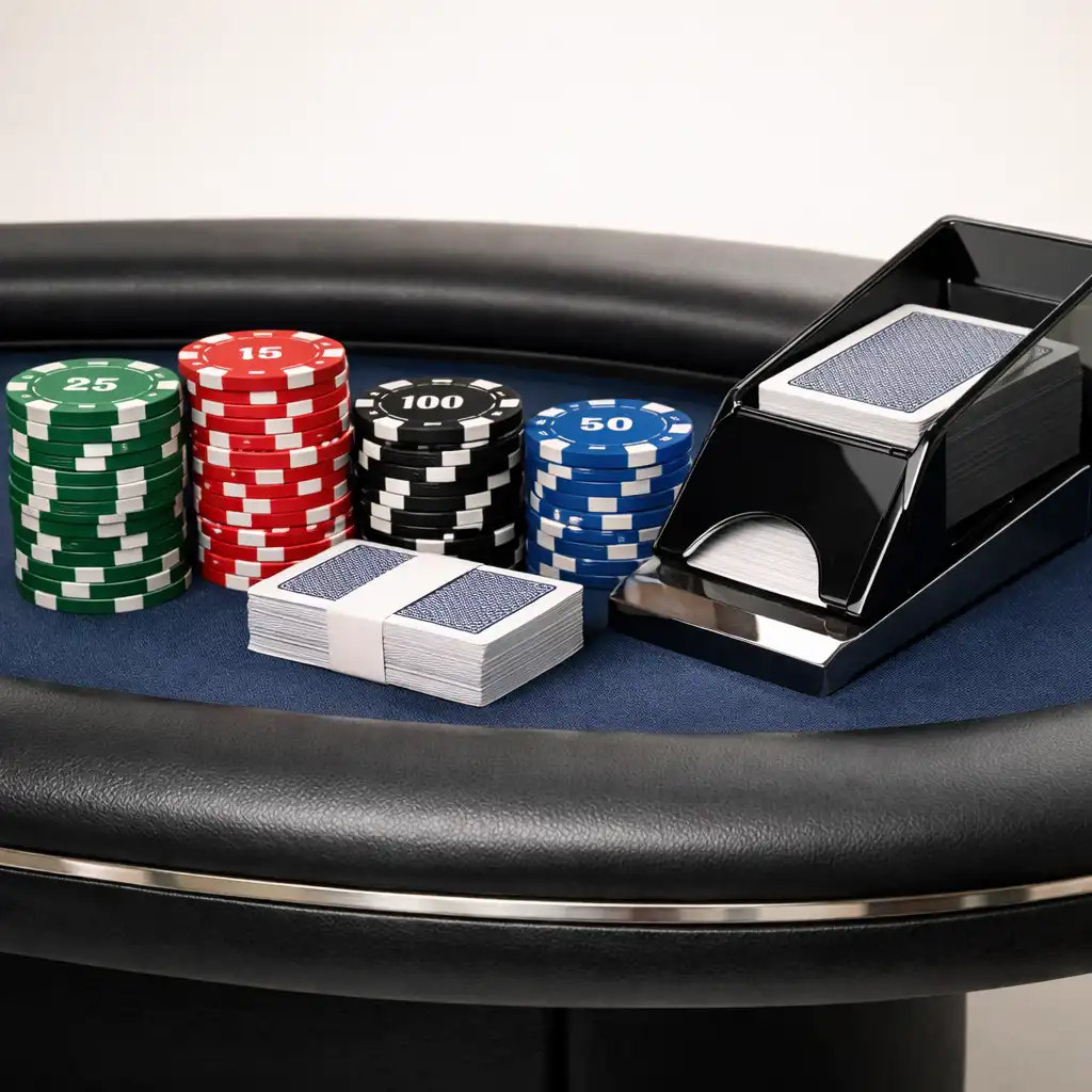 Zbliżenie na krawędź profesjonalnego stołu pokerowego ze stosami żetonów, talią kart i butem krupiera